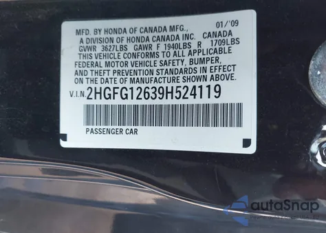 2009 Honda Civic Lx from USA, damaged, VIN 2HGFG12639H524119